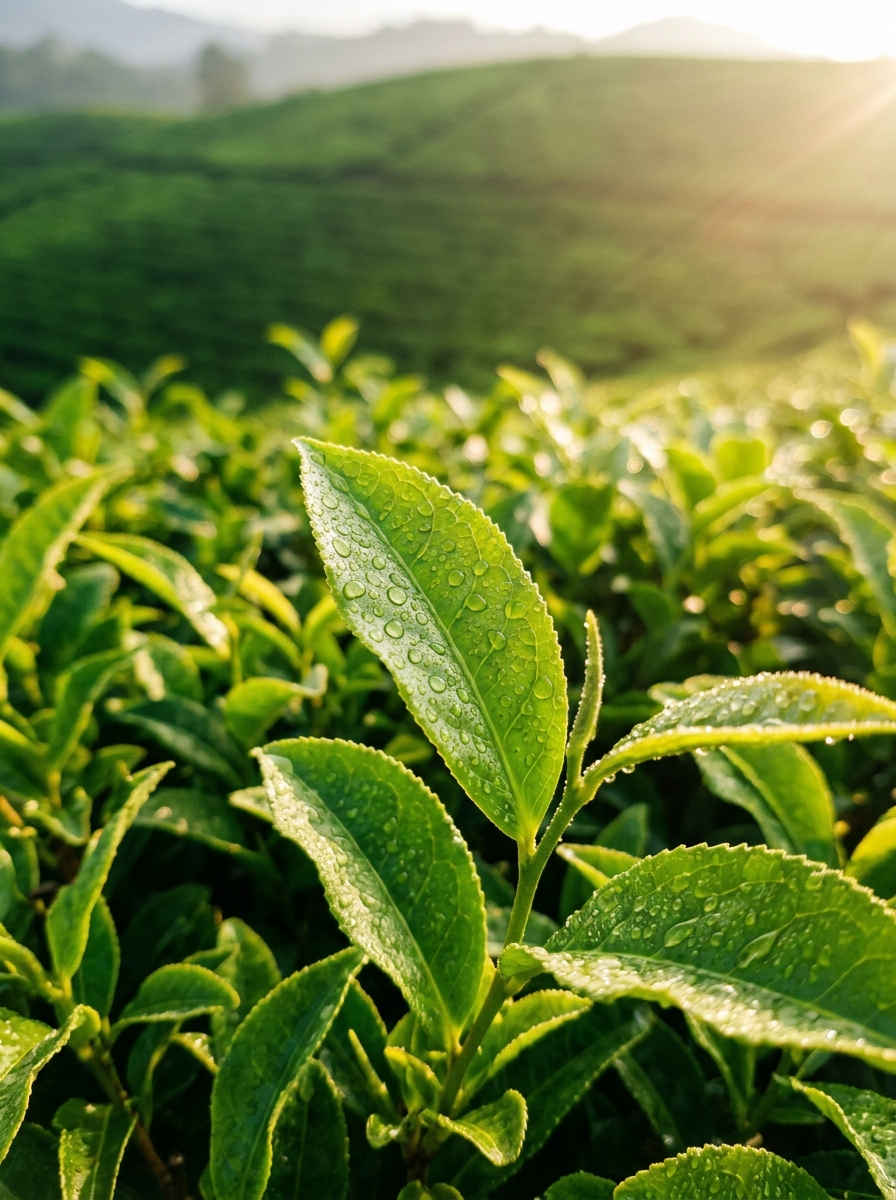 Fresh morning tea leaf with dew drops