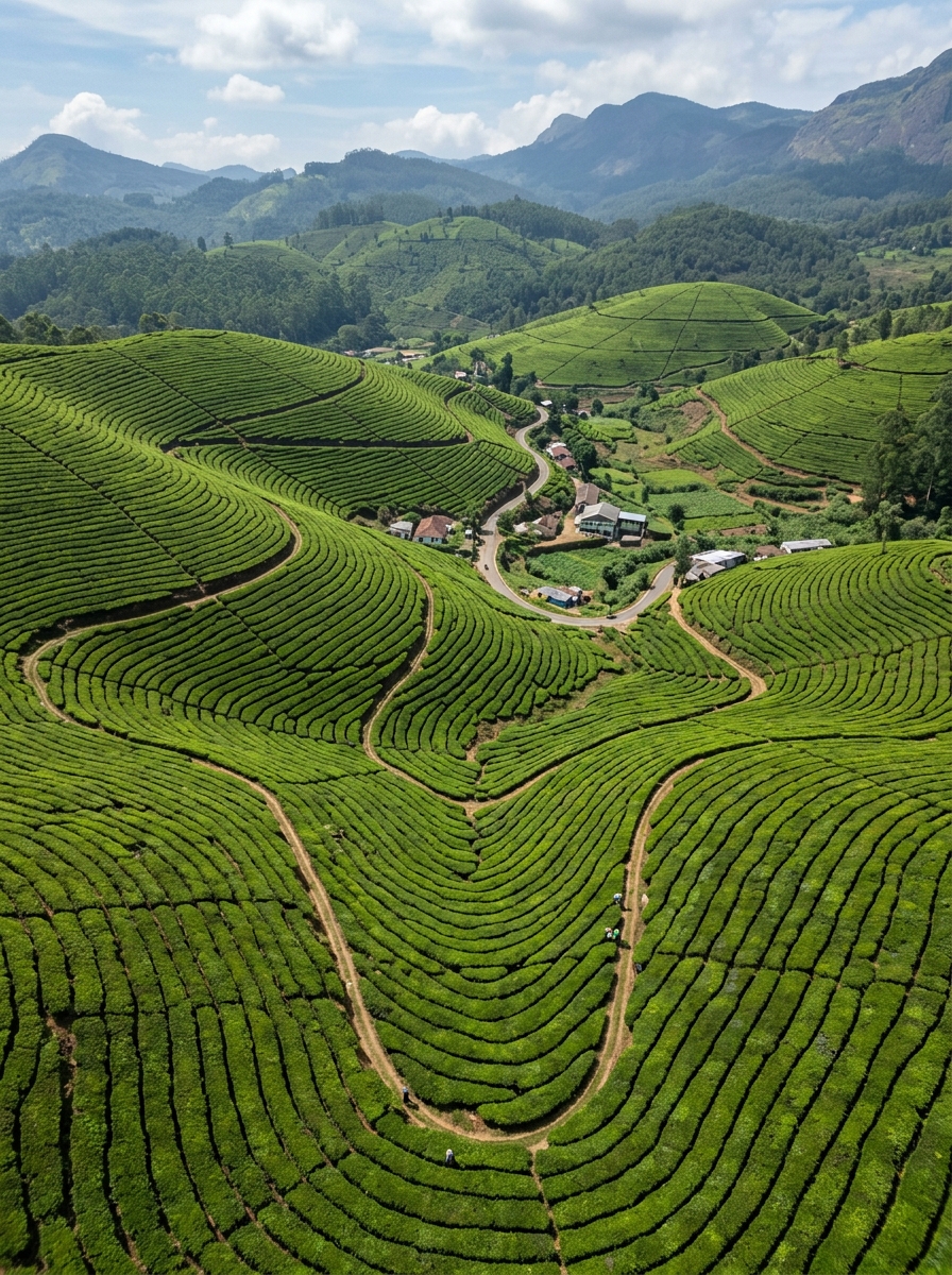 Curving green terraces of Sreemangal tea estate