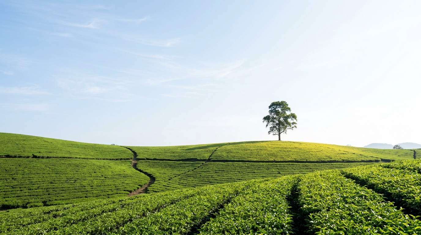 Minimalist green tea estate horizon with solitary tree